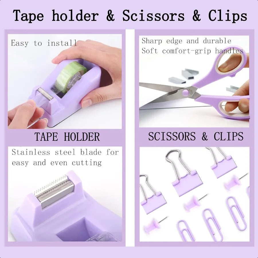 Purple Desk Accessories Set – 360° Pen Holder & Tape Dispenser with Stapler