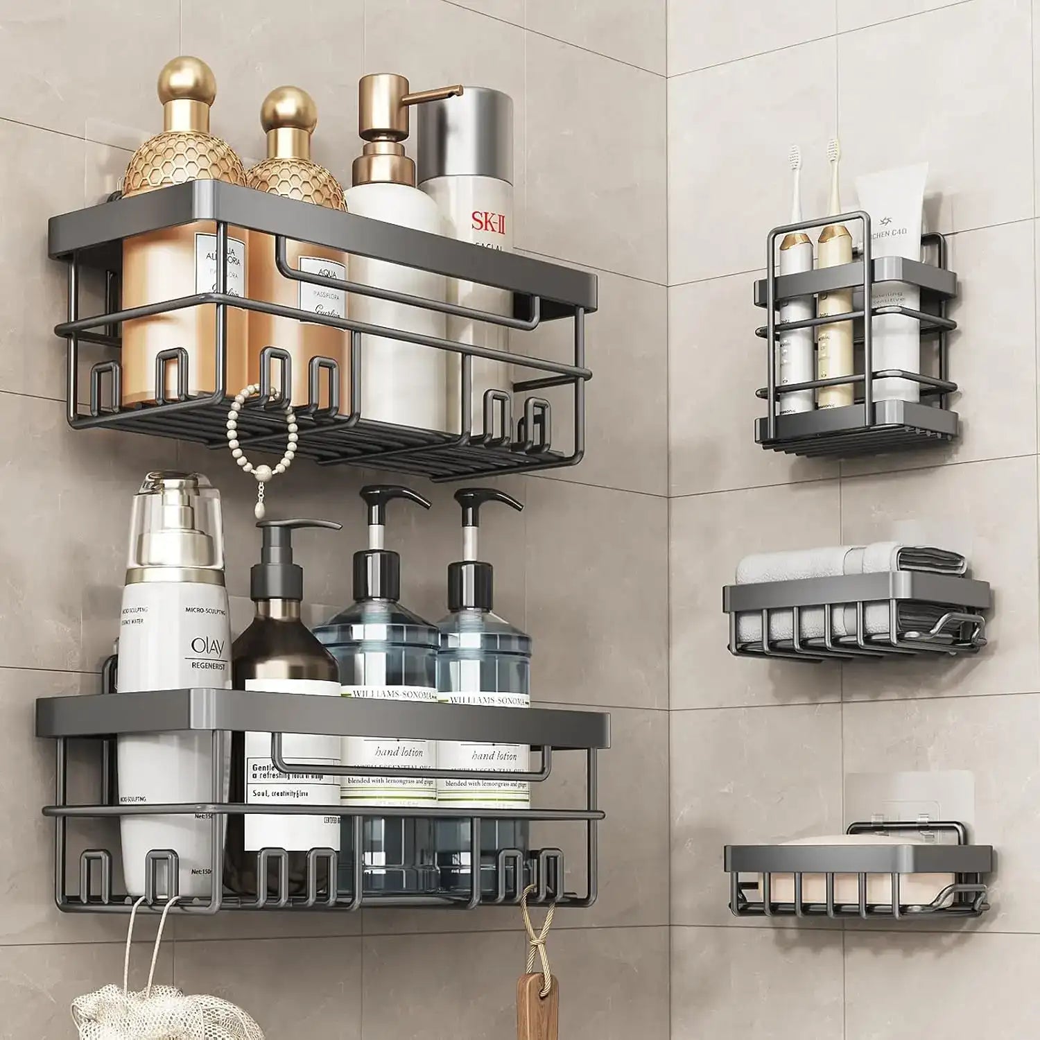 5-Pack No-Drill Adhesive Shower Shelves – Black Wall-Mounted Storage Set