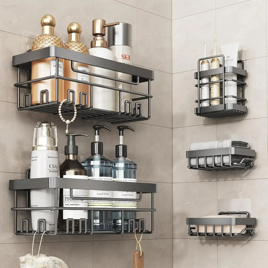 5-Pack No-Drill Adhesive Shower Shelves – Black Wall-Mounted Storage Set