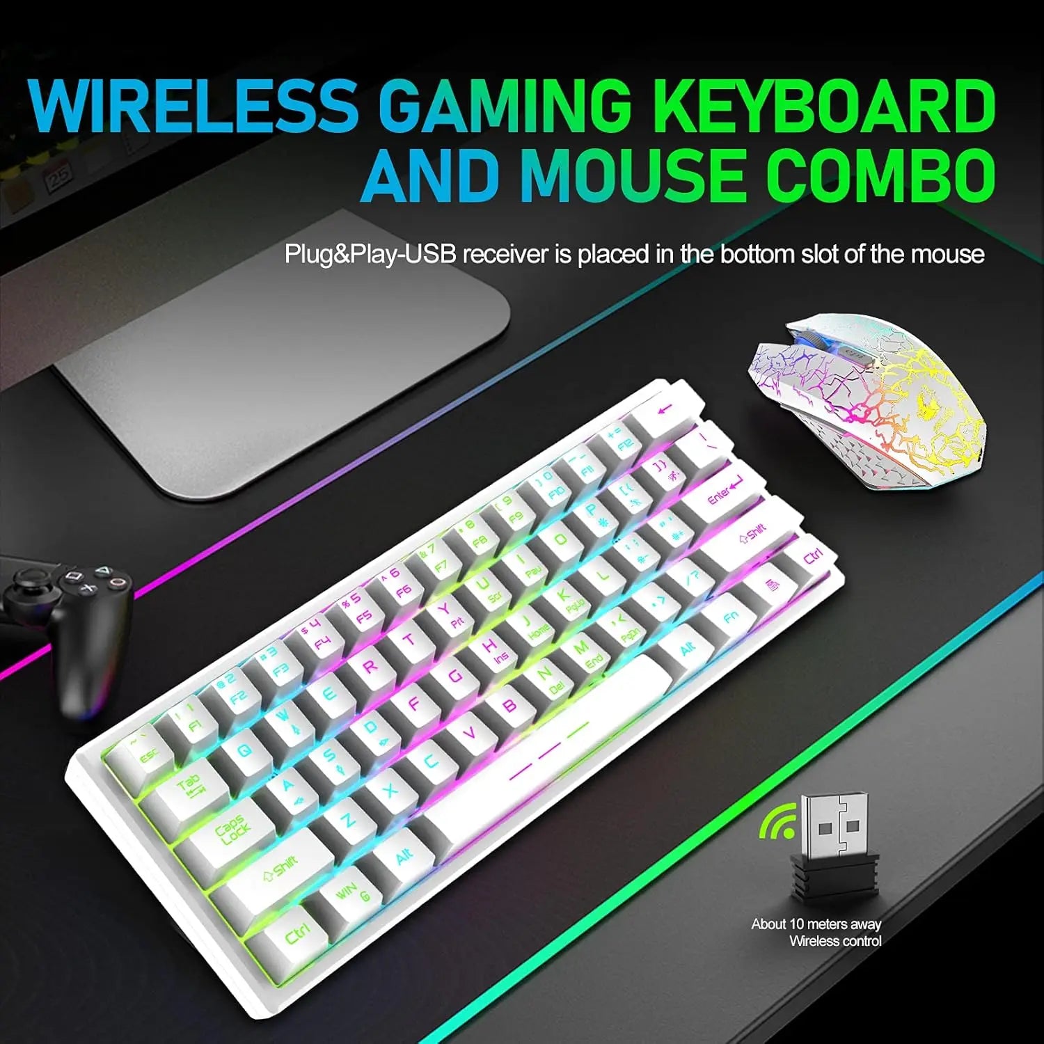 T61 Wireless Gaming Keyboard & Mouse Combo – 61-Key Ergonomic Rainbow LED Backlit Set with 4000mAh Battery & Mouse Pad