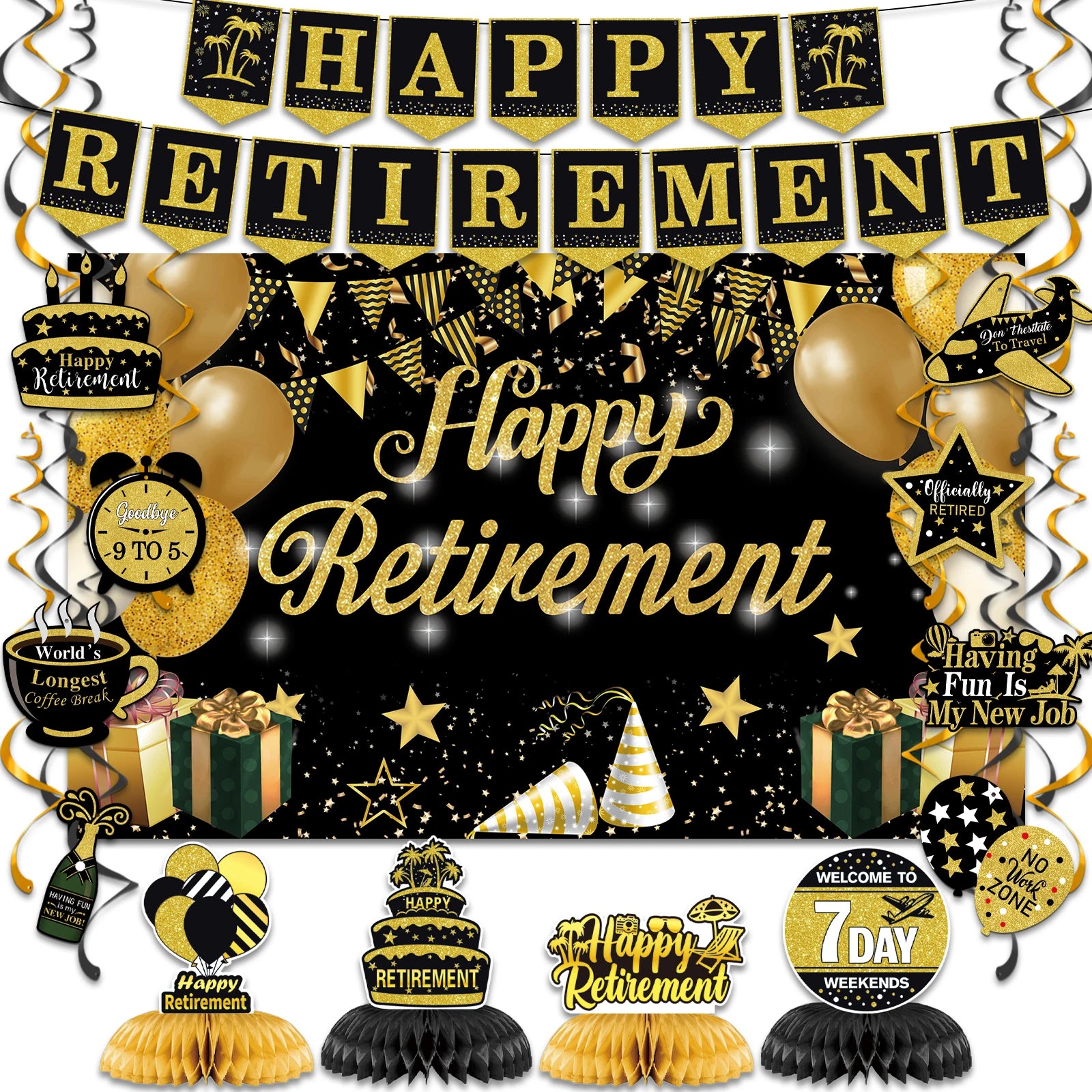 Elegant “Happy Retirement” Hanging Swirls & Banner Kit – Celebration Decorations Set for Men & Women