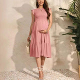 Women’s Summer Pleated Maternity Dress – O-Neck Chiffon Pregnancy Outfit with Flying Sleeves, Plus Size Available