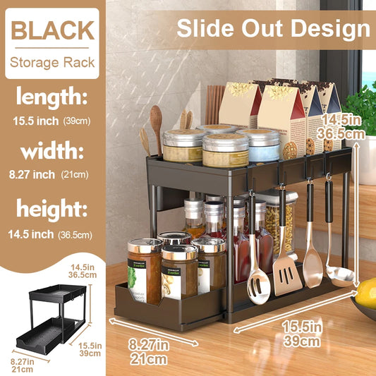 2-Tier Sliding Under-Sink Organizer with Hooks & Hanging Cup – Cabinet Storage Rack for Bathroom & Kitchen