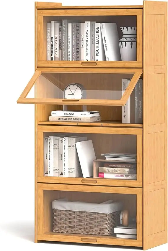 🎋 4-Tier Bamboo Bookcase with Clear Flip-Up Doors – 55" Freestanding Bookshelf & Cube Storage Organizer with Shelves