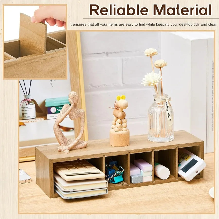 Rustic Wooden 6-Compartment Pen & Brush Holder – Adjustable Desk Organizer