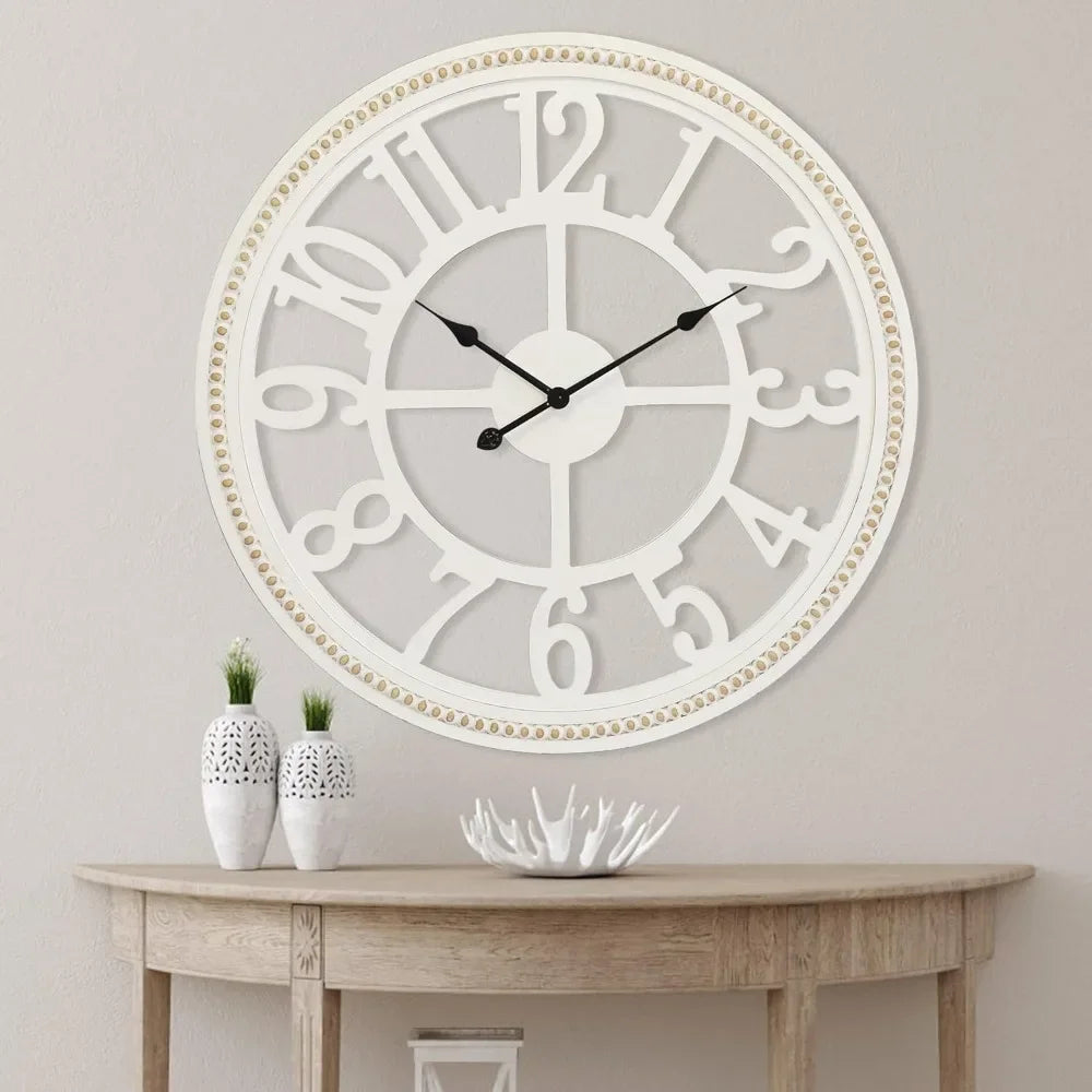 30-Inch Farmhouse Wall Clock – Large Wooden Silent Wall Clock with Boho Beads | Rustic Battery-Operated Easy-Read Design