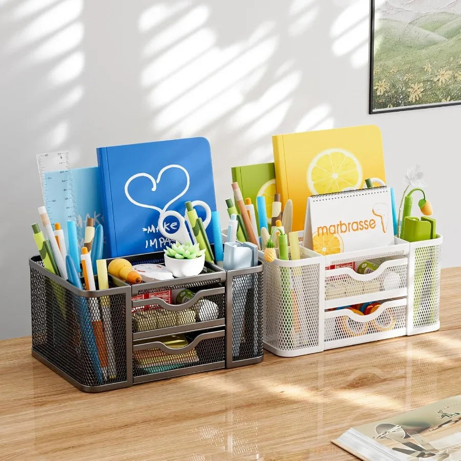 Mesh Desk Organizer with Two Drawers – 5 Compartments, Desktop Pen & Pencil Caddy