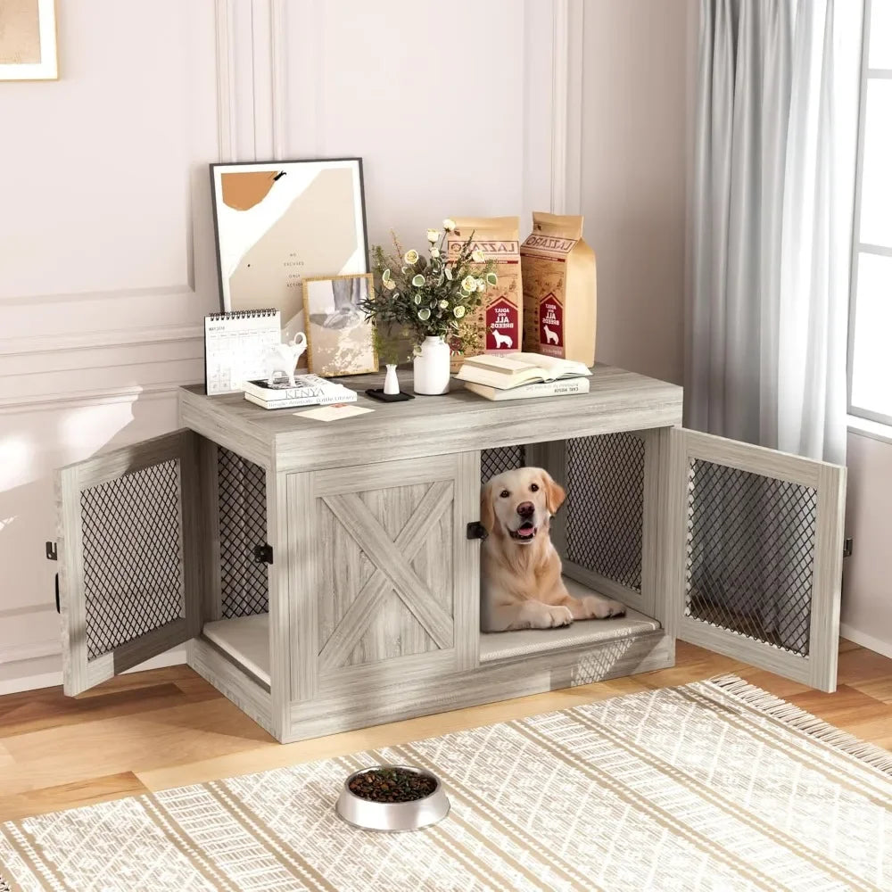 Corner Wooden Dog Crate Furniture – 36" Indoor Kennel with Double Doors & Mesh Cage for Small & Medium Dogs