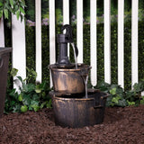 Rustic 2-Tier Barrel and Pump Water Fountain – Bronze Finish | 27”H Outdoor Garden & Patio Fountain with Relaxing Water Flow