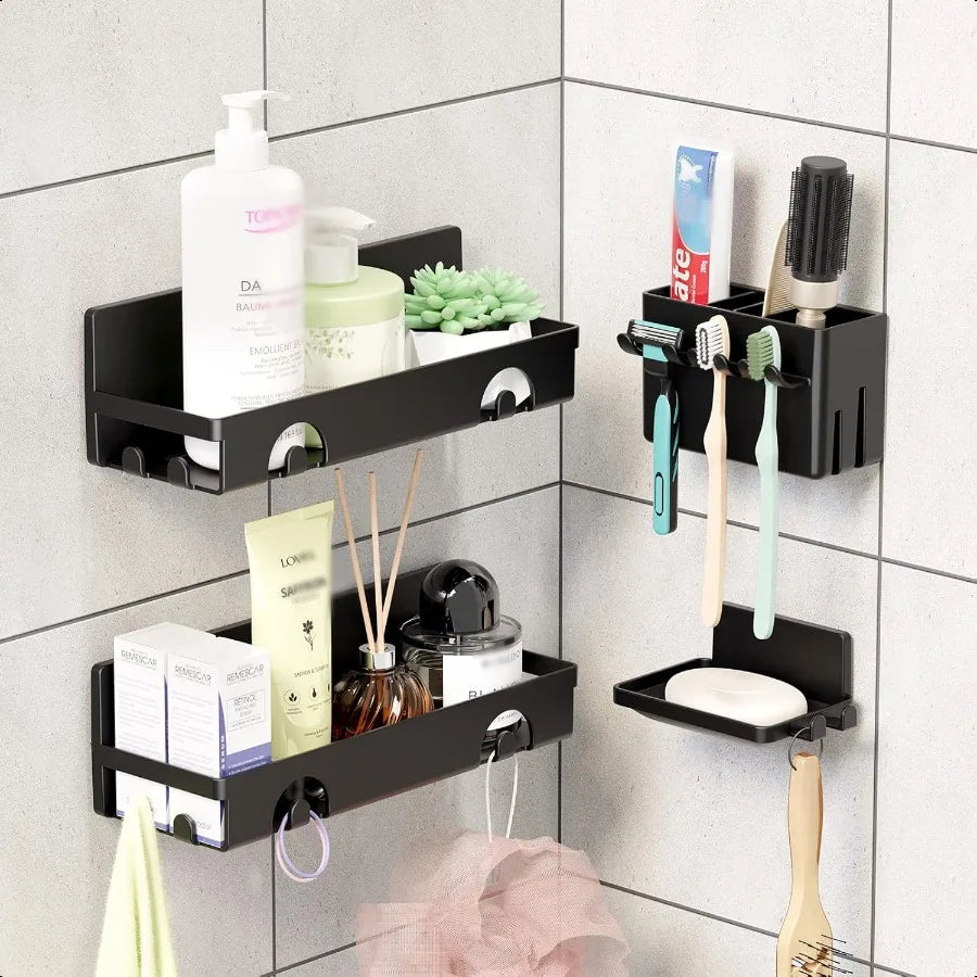 4-Pack No-Drill Plastic Corner Shower Caddy Set – Wall-Mount Organizer with Toothbrush Holder & Soap Dish, Black