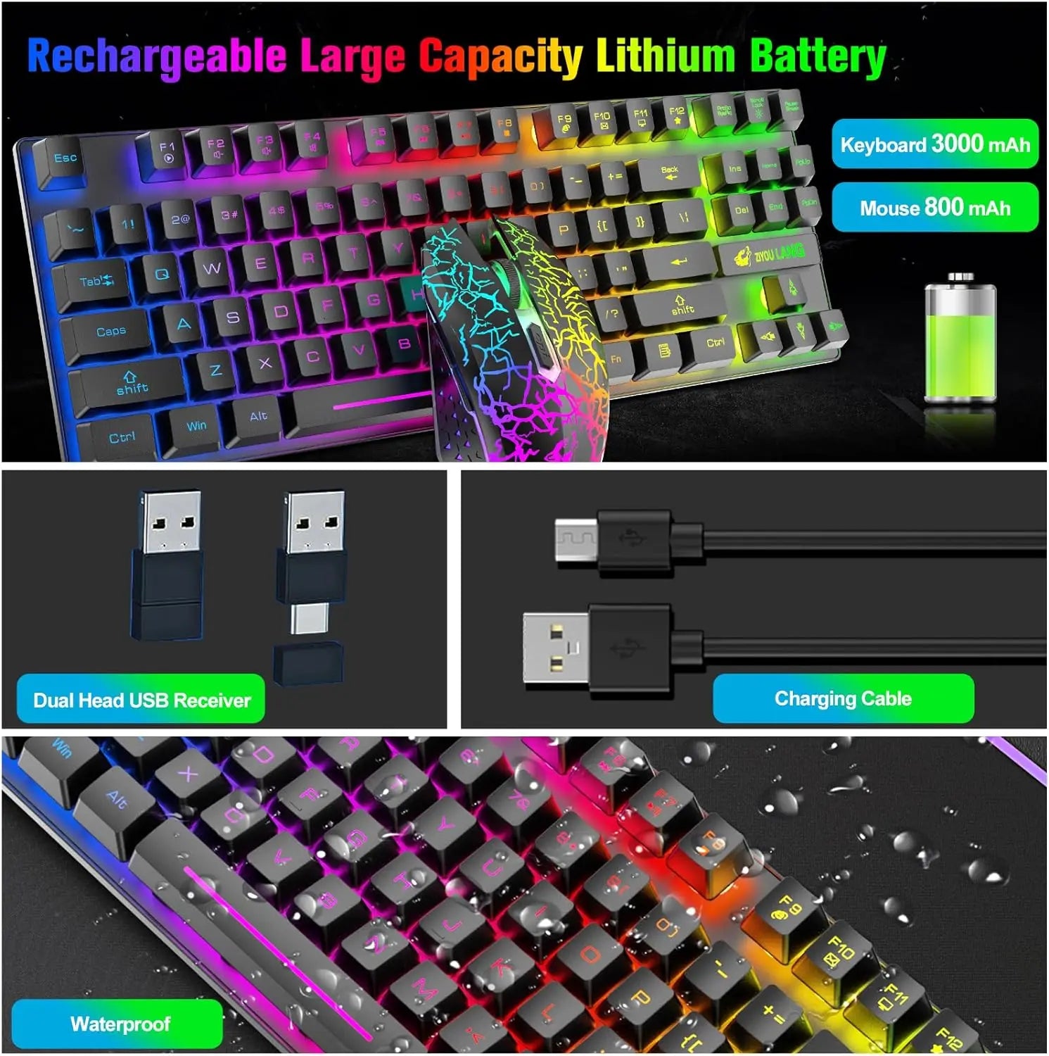 Mambasnake T87 Wireless Gaming Keyboard & Mouse Combo with 87-Key Rainbow LED Backlight and Rechargeable Battery (118 characters)