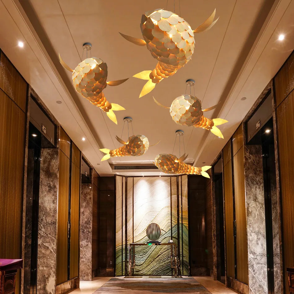 Luvodi 2PCS Large Fish-Shaped Wooden Weaving Chandeliers – Artistic Ceiling Lights for Home & Restaurant 🐟✨