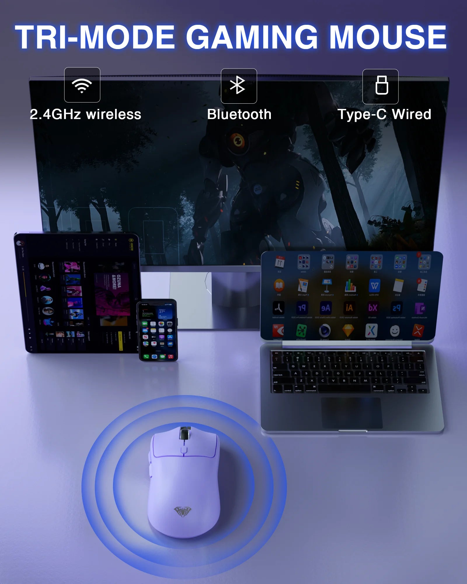 AULA SC580 Gaming Mouse – Tri-Mode Rechargeable Wireless & Bluetooth Mouse with 10,000 DPI Ergonomic Design