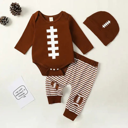 Football-Style Baby Boy & Girl Outfit Set – Long Sleeve Romper, Sweatshirt & Elastic Pants (3 pcs)