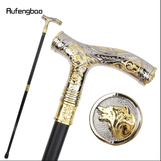 Golden & White Wolf Head Walking Cane – 93cm Fashion Gentleman’s Stick with Flower Totem Relief 🐺🌸
