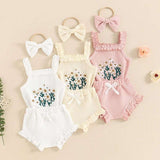 Waffle-Flower Embroidered Sleeveless Romper Set for Baby Girls – Shorts & Headband Included