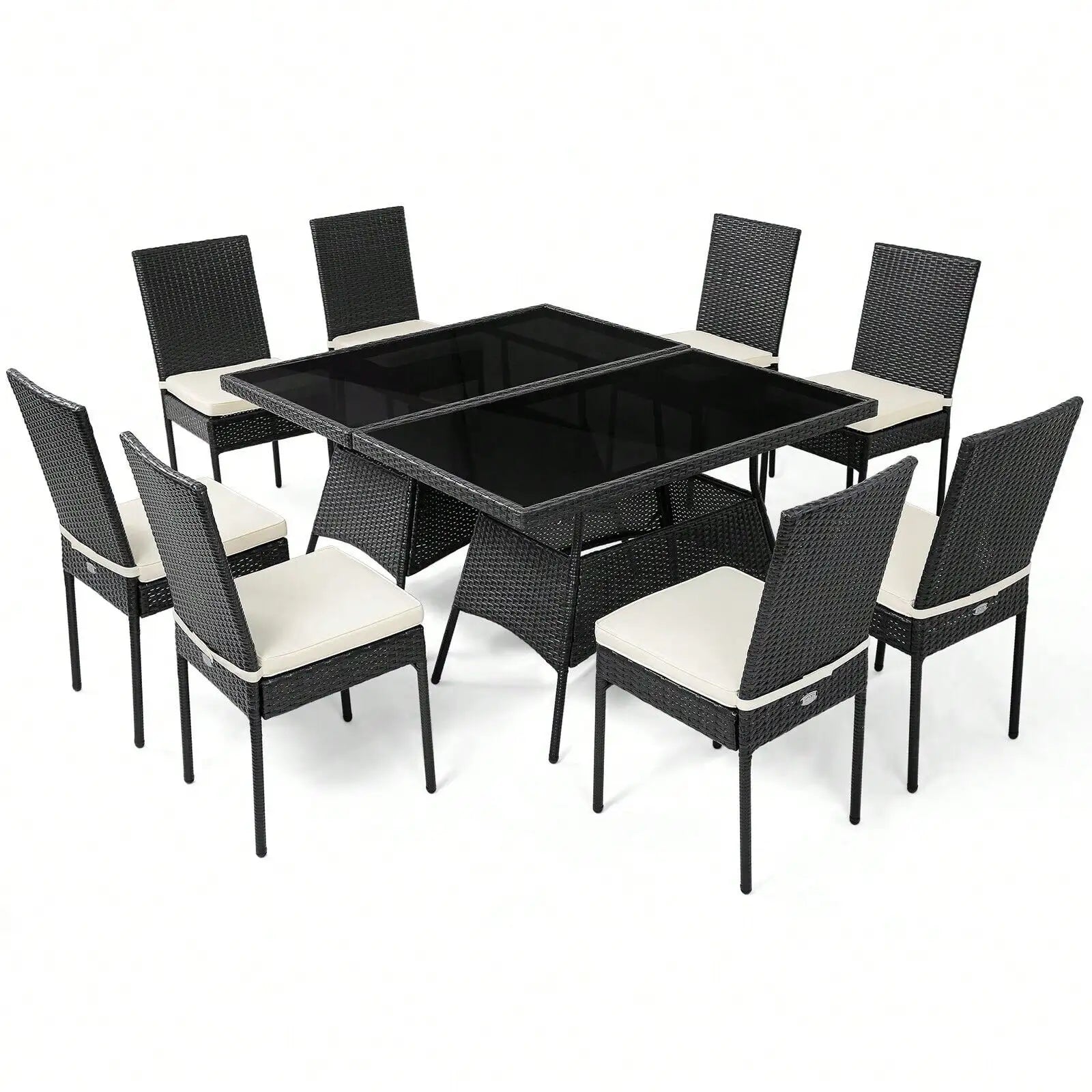 “10-Piece Rattan Patio Dining Set – Outdoor Glass-Top Table with 9 Cushioned Chairs”