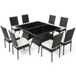 “10-Piece Rattan Patio Dining Set – Outdoor Glass-Top Table with 9 Cushioned Chairs”