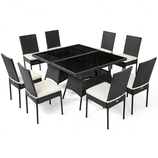 “10-Piece Rattan Patio Dining Set – Outdoor Glass-Top Table with 9 Cushioned Chairs”