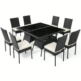 “10-Piece Rattan Patio Dining Set – Outdoor Glass-Top Table with 9 Cushioned Chairs”