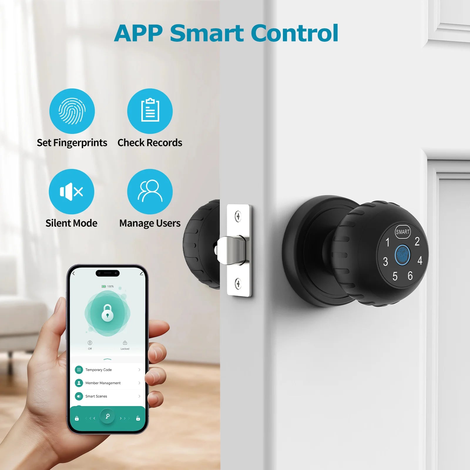 Viladepot Ball-Shaped Smart Lock – Fingerprint & App Controlled Round Electric Door Knob with Touchscreen Keypad