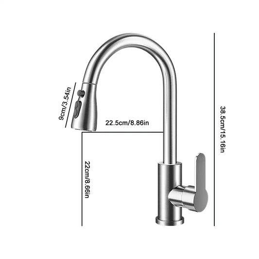 Premium 304 Stainless Steel Pull-Out Kitchen Faucet – Deck-Mounted Mixer Tap with Stream/Sprayer Head (Hot & Cold)