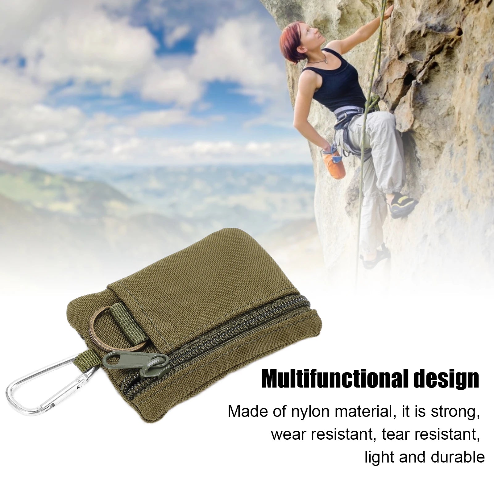 Mini Outdoor MOLLE Pouch – Nylon Zipper EDC Pocket Wallet with Carabiner for Keys, Cards & Essentials