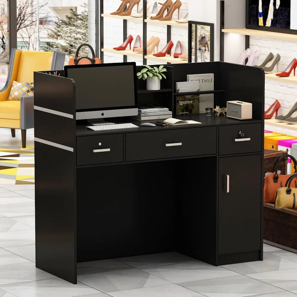 🪑 Modern Reception Desk – Wooden Computer Desk with 3 Drawers, 1-Door Storage Cabinet & Hutch Shelf for Office & Study