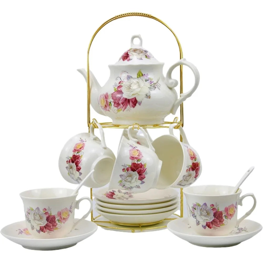 20-Piece Luxury Bone China Tea & Coffee Set with Gold Metal Rack – Elegant Gift & Home Party Ensemble