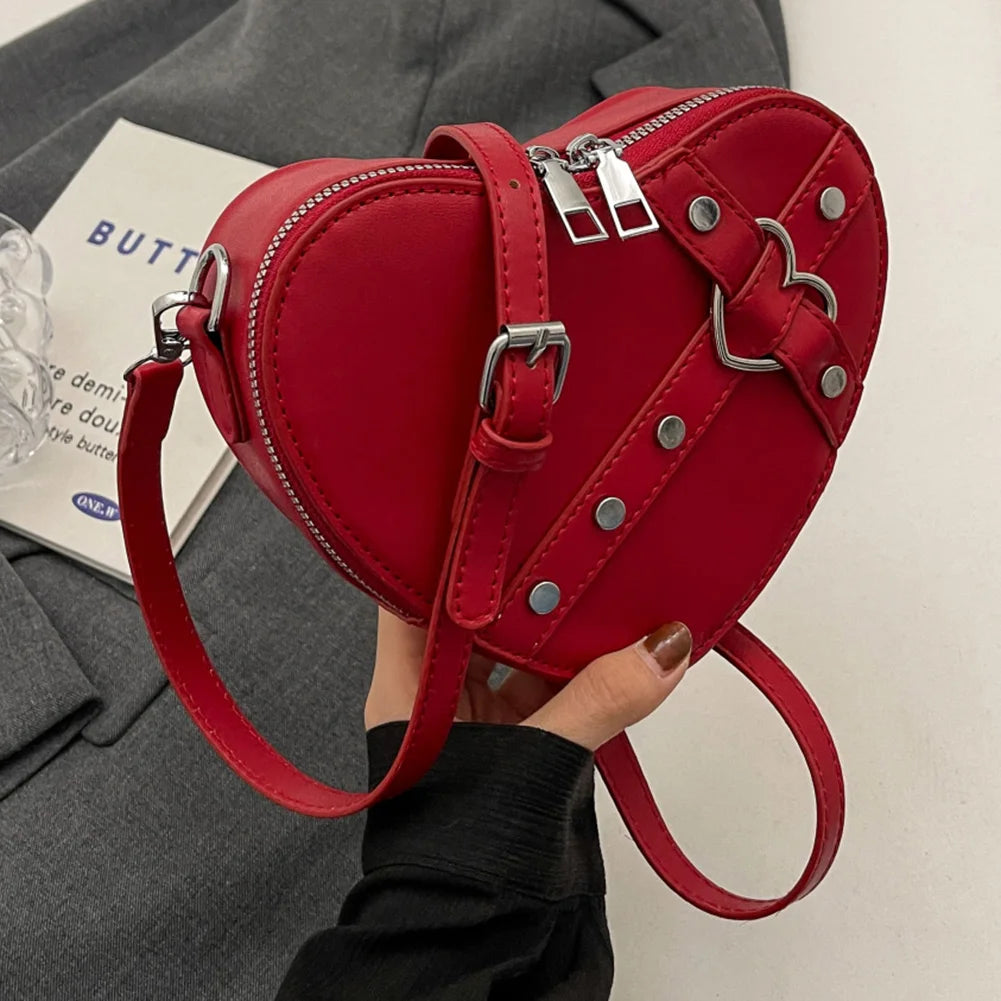 Heart Rivet PU Leather Satchel Bag – Small Heart Rivet Design, Adjustable Strap, Solid Colour Women’s Dating Bag