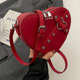 Heart Rivet PU Leather Satchel Bag – Small Heart Rivet Design, Adjustable Strap, Solid Colour Women’s Dating Bag