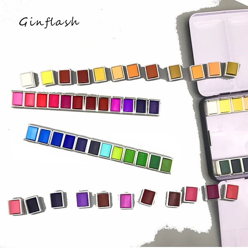 Ginflash 24/48 Colors Solid Pigment Watercolor Paint Set – Portable Brush & Sponge Included