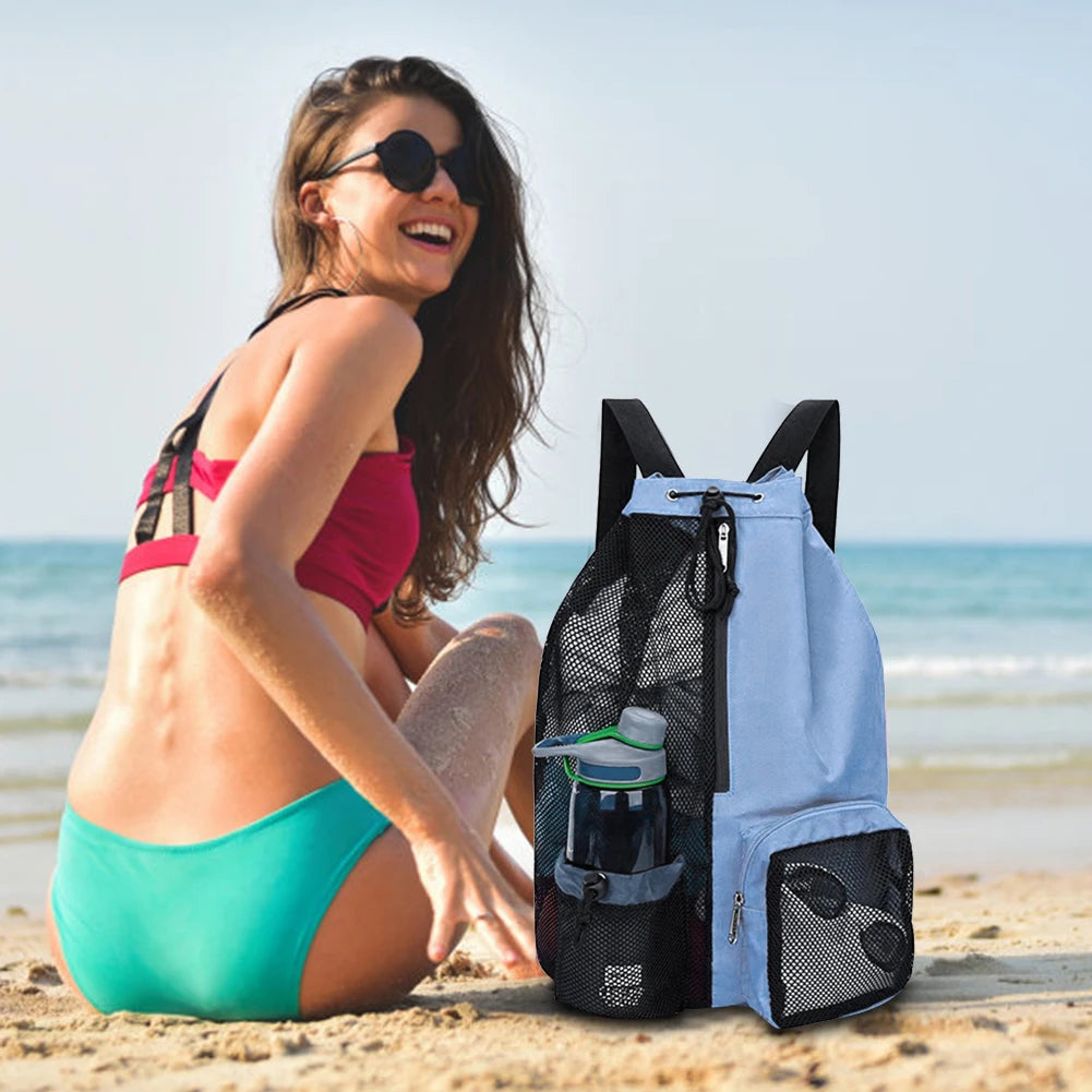 Mesh drawstring swim backpack – lightweight waterproof beach & school bag with adjustable straps for swimming, travel & holidays