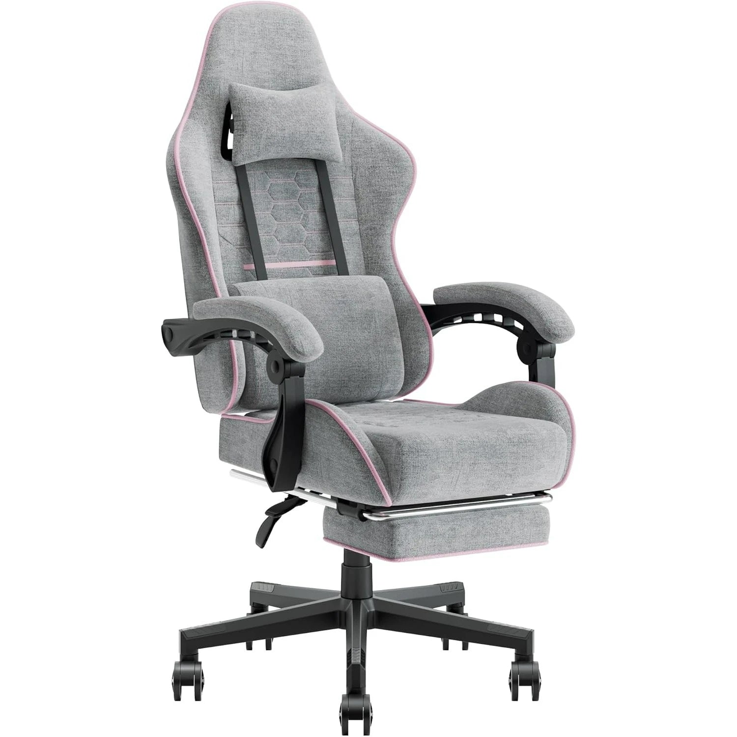 Fabric Gaming Chair – Pink & Grey Ergonomic Game Chair with Pocket Spring Cushion, Massage Lumbar Pillow & Adjustable Headrest