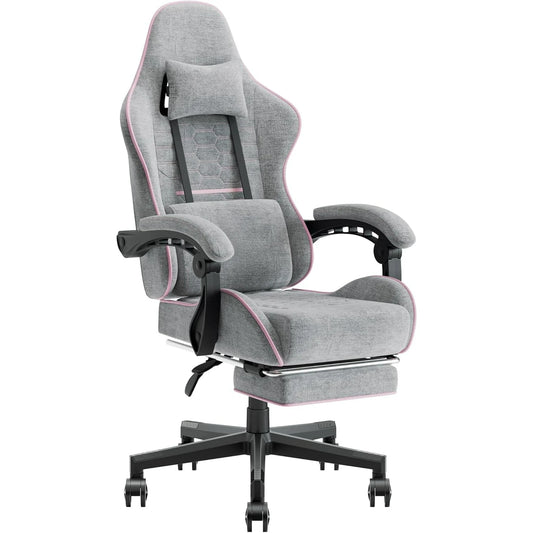Fabric Gaming Chair – Pink & Grey Ergonomic Game Chair with Pocket Spring Cushion, Massage Lumbar Pillow & Adjustable Headrest