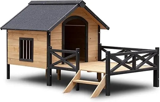 Wooden Large Dog House (43.3"L × 69.9"W × 32.7"H) – Extreme Outback Log Cabin Weatherproof Outdoor Kennel with Elevated Base