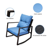 “3-Piece Patio Bistro Set – Outdoor Rocking Chairs with Blue Cushions & Glass-Top Table for Garden, Yard & Poolside”