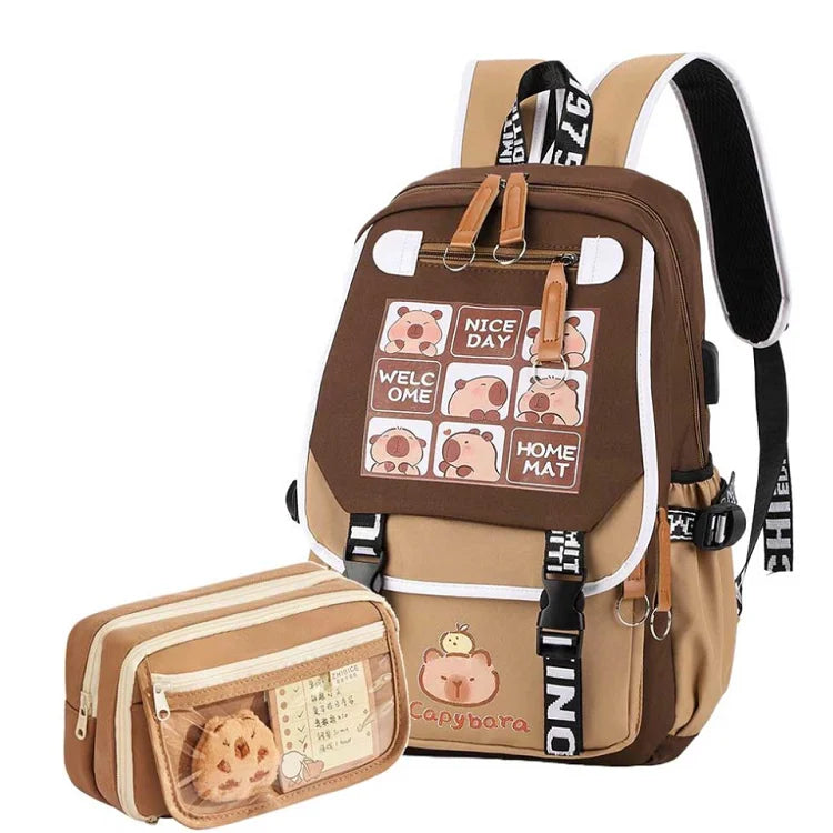 Kawaii Cartoon Capybara Flap Backpack with Matching Pencil Case – Spacious & Lightweight