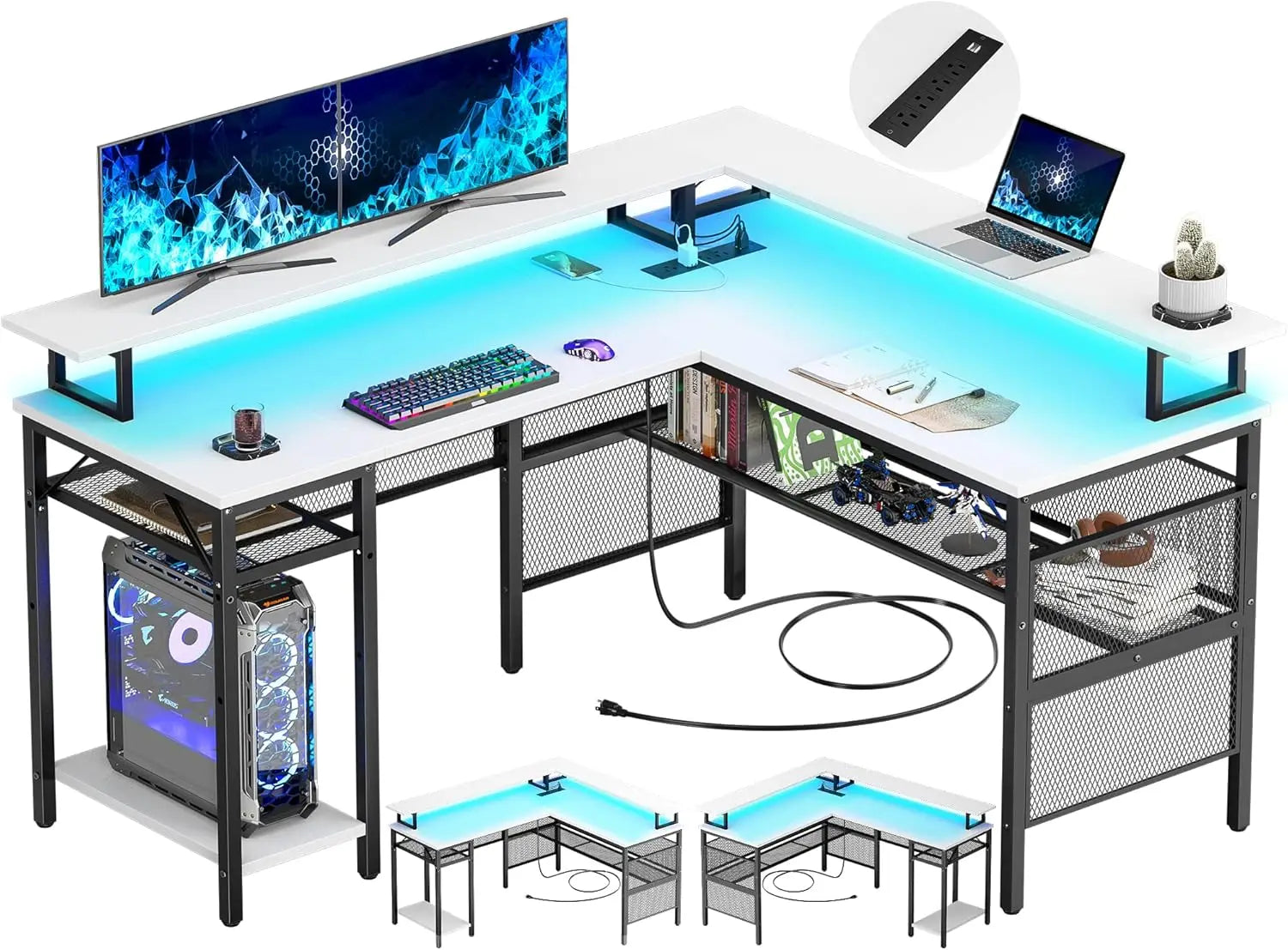 Modern L-Shaped Desk with LED Lights & Power Outlet – Reversible Corner Computer Table with Monitor Stand & Storage Shelf