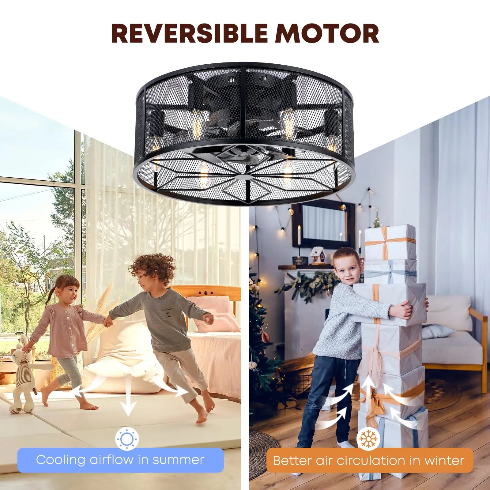 18" Caged Low-Profile Ceiling Fan with Light – Black Flush Mount Fandelier & Remote, Rustic Farmhouse Style 💡🌀