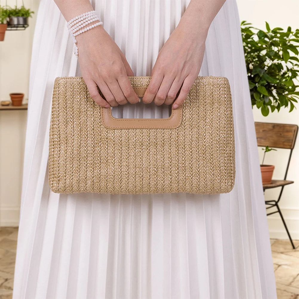 Women Straw Woven Tote Bag – Large Capacity Raffia Evening Crossbody & Hasp-Closure Summer Vacation Purse