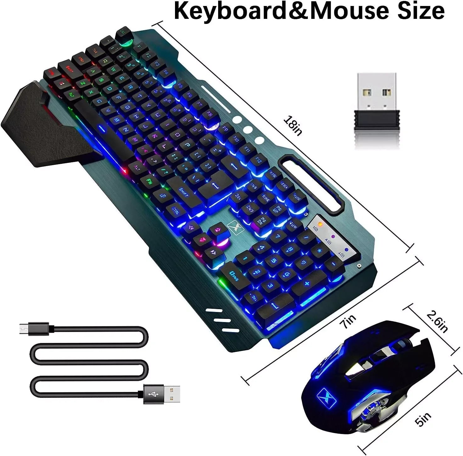 Wireless Gaming Keyboard & Mouse Set – Rainbow RGB Backlit Rechargeable Keyboard with 7-Color Silent Mouse & Gaming Pad