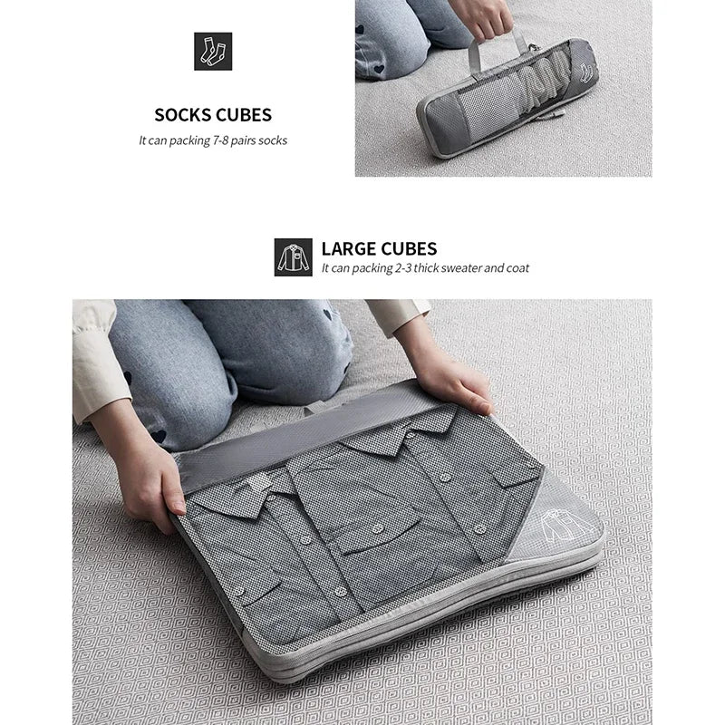 3-6 pcs Compressed Packing Cubes Travel Storage Organizer Set with Shoe Bag & Mesh Visual Luggage Set