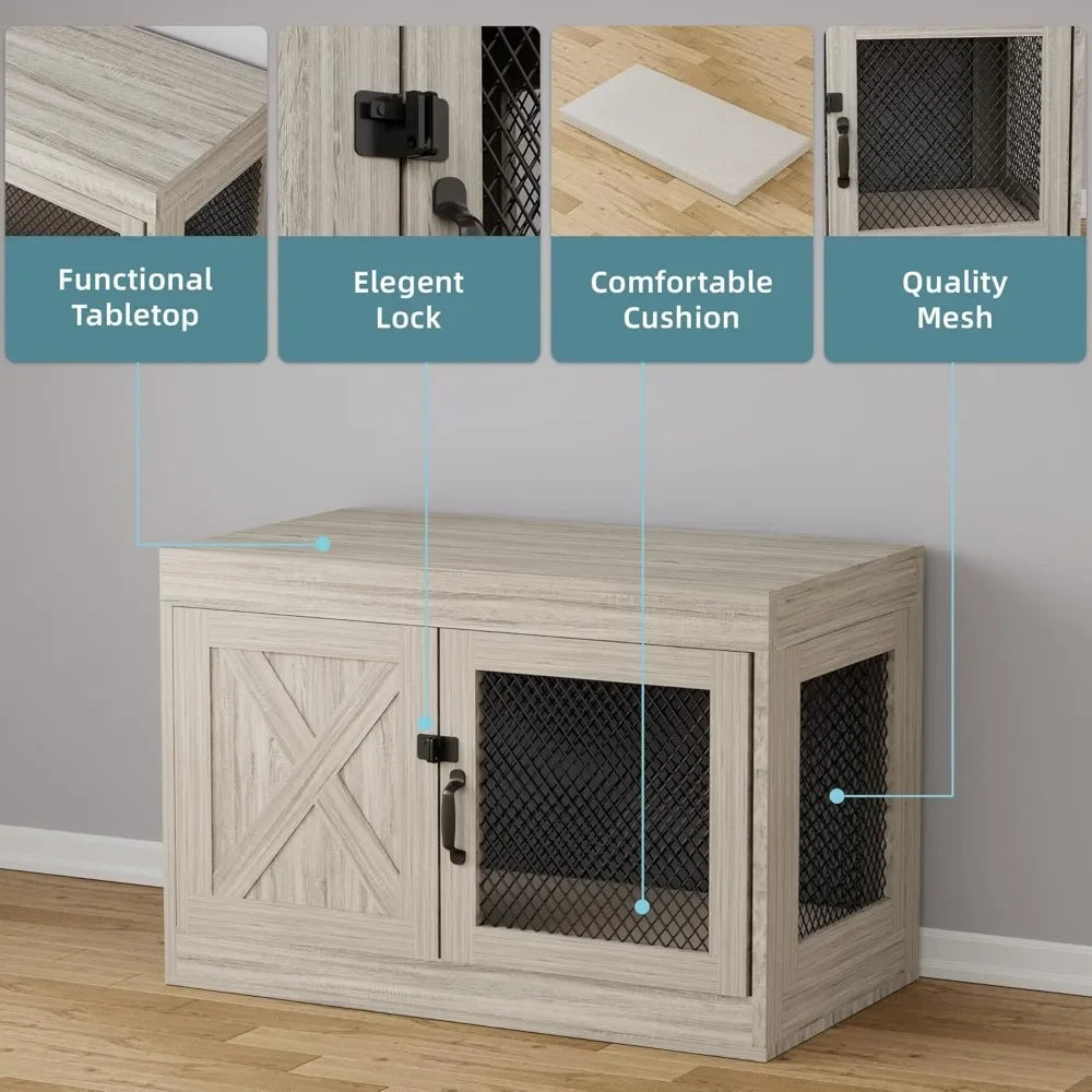 Corner Wooden Dog Crate Furniture – 36" Indoor Kennel with Double Doors & Mesh Cage for Small & Medium Dogs