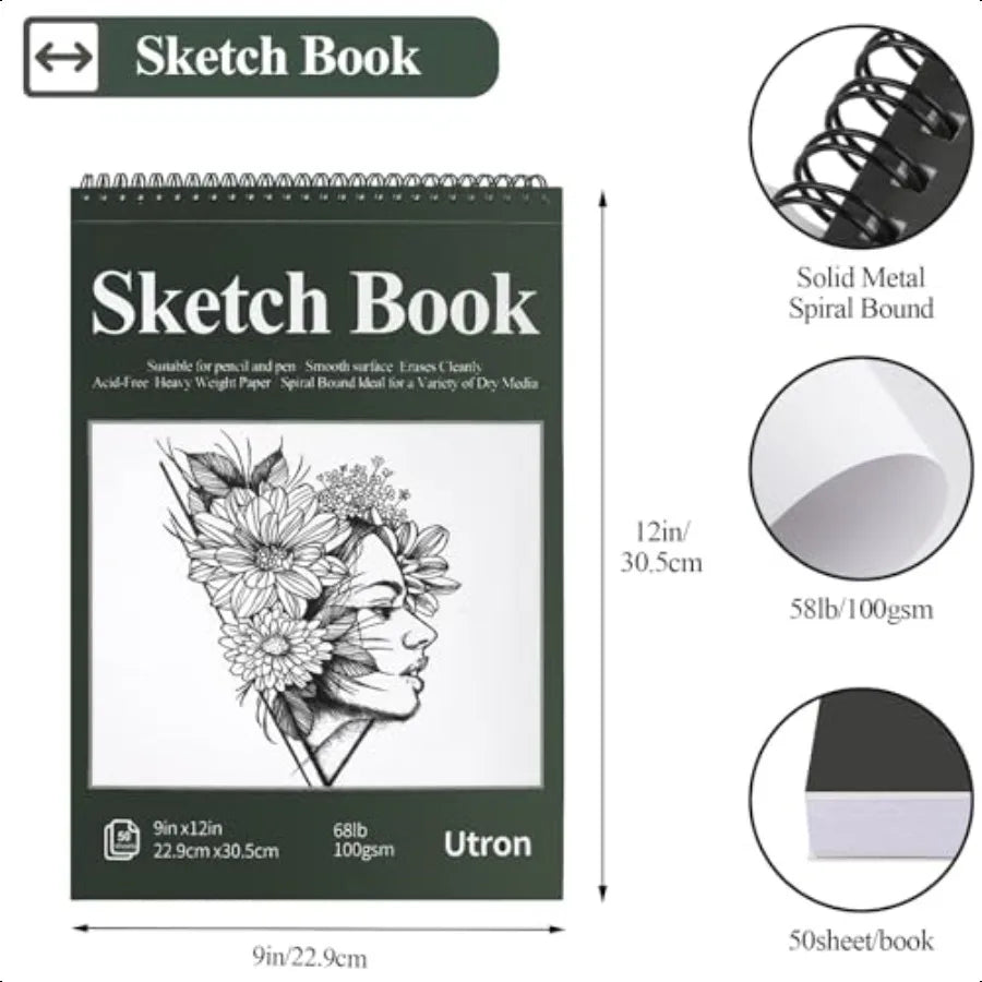 Utron 9×12″ Acid-Free Spiral Sketchbook – 100 gsm / 68 lb Art Drawing Pad (50 Sheets)
