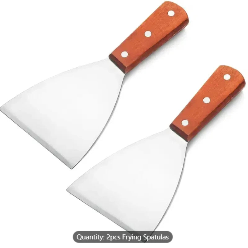 Set of 2 Large Stainless Steel Spatulas with Wooden Handles – Slotted & Solid Turner for Grilling, Iron-Plate, Pizza & Steak Cooking