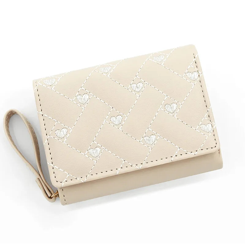 Women’s Heart Embroidered Short Wallet – Triple Fold PU Leather Purse with Multi-Card Slots & Large Capacity