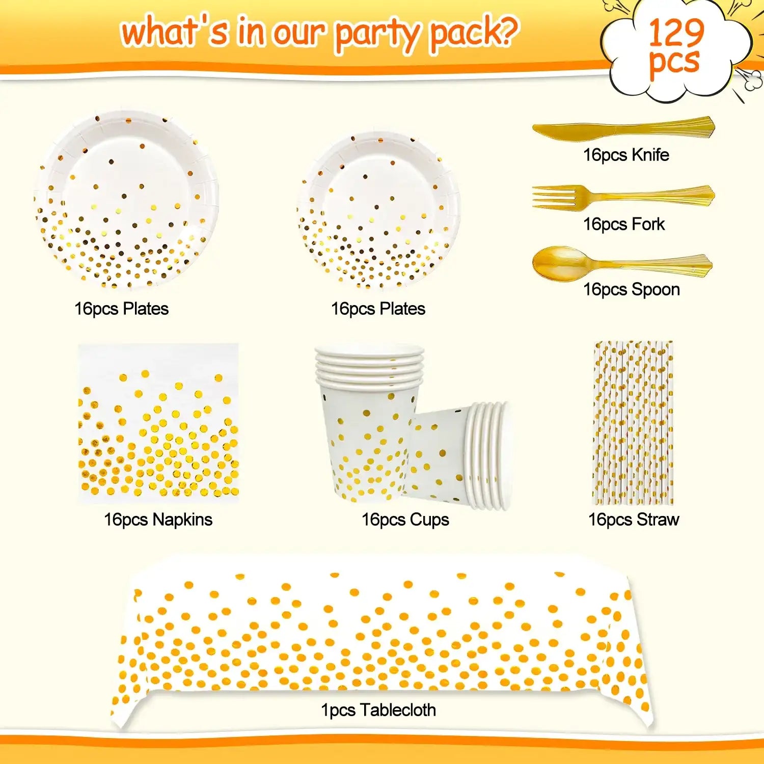 1- Product Title: Elegant White & Gold 129-Piece Party Paper Plates & Napkins Set