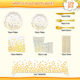 1- Product Title: Elegant White & Gold 129-Piece Party Paper Plates & Napkins Set