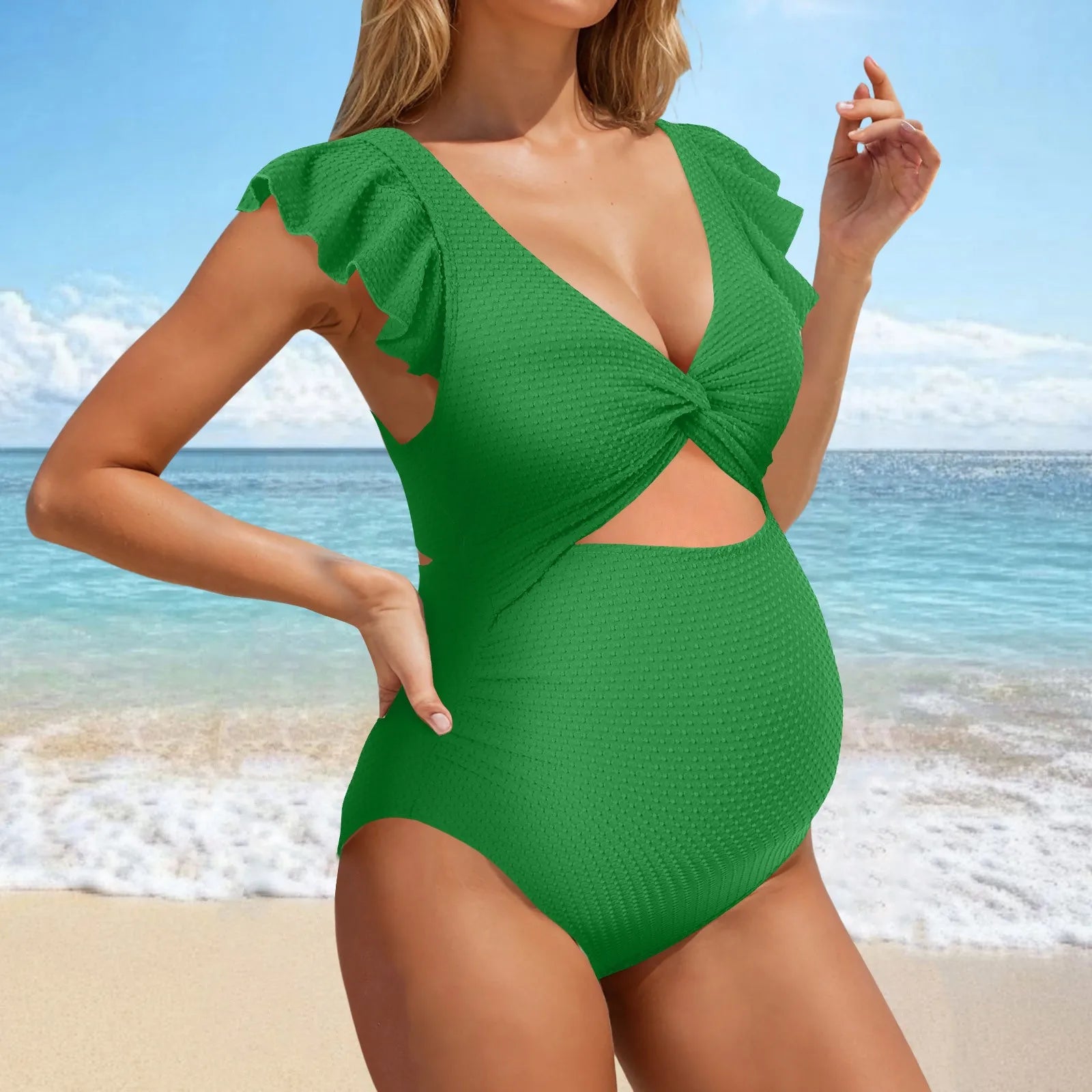 Women’s Maternity One-Piece Swimsuit – Solid Color Pregnancy Bathing Suit with Ruffled Edges, Comfortable Swimwear
